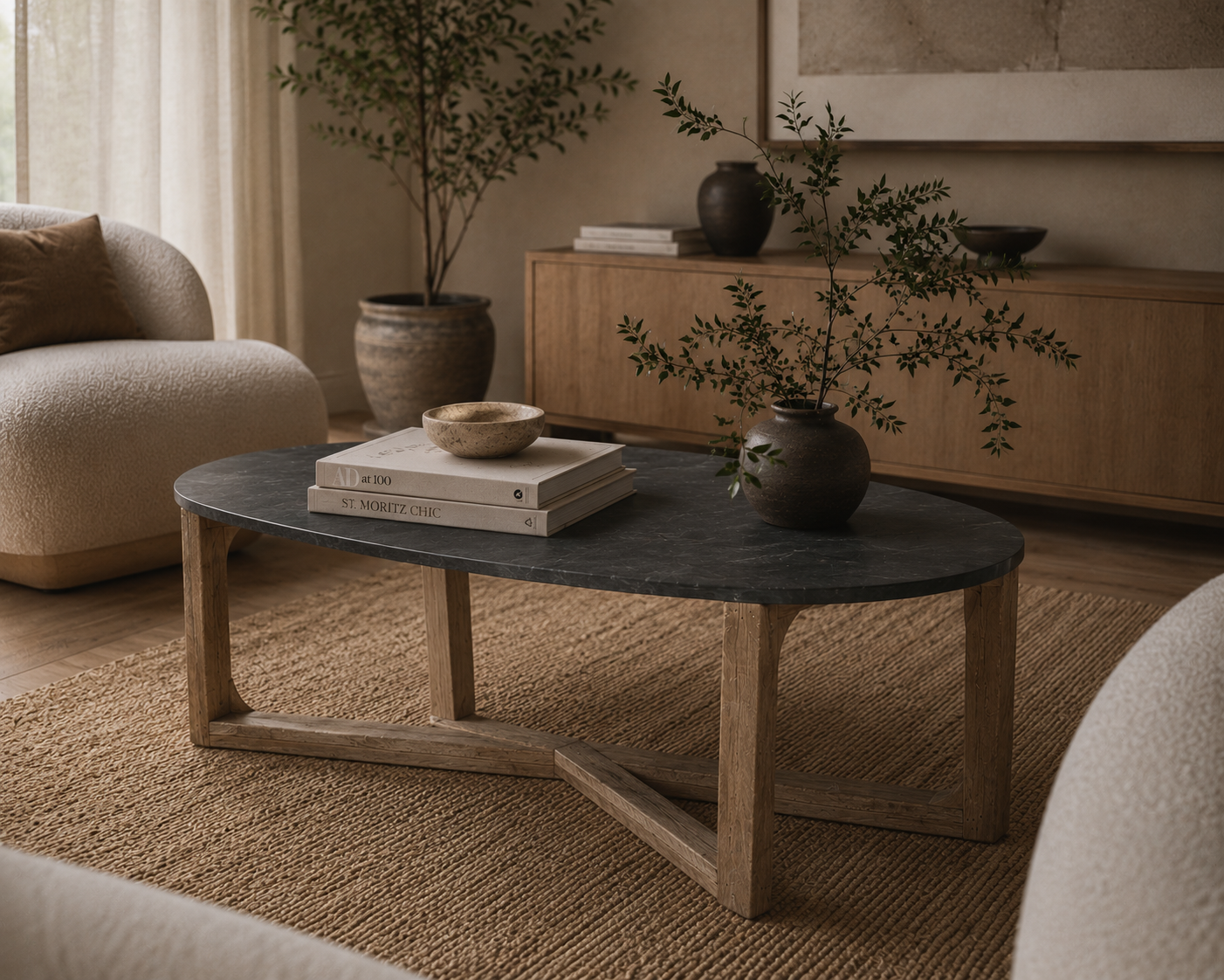 Oval Marble Coffee Table - Black