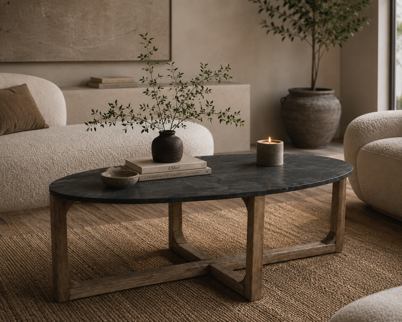 Oval Marble Coffee Table - Black