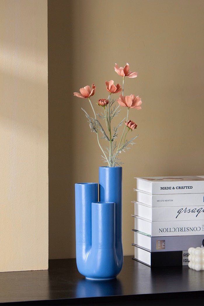 Handmade Funky Memphis Triple Stems Ceramic Vase, Decorative Flower Vessel-1