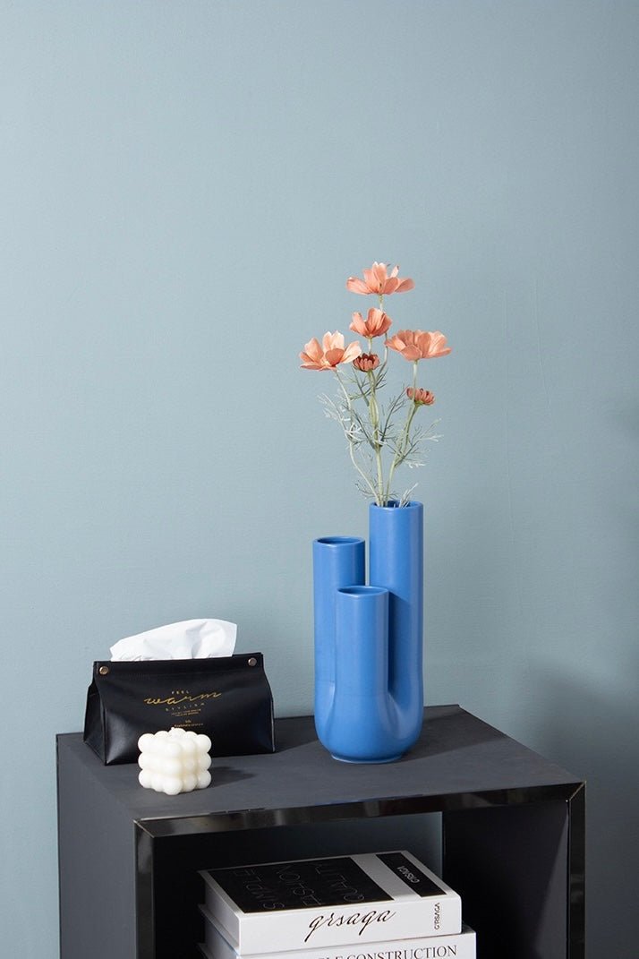 Handmade Funky Memphis Triple Stems Ceramic Vase, Decorative Flower Vessel-3